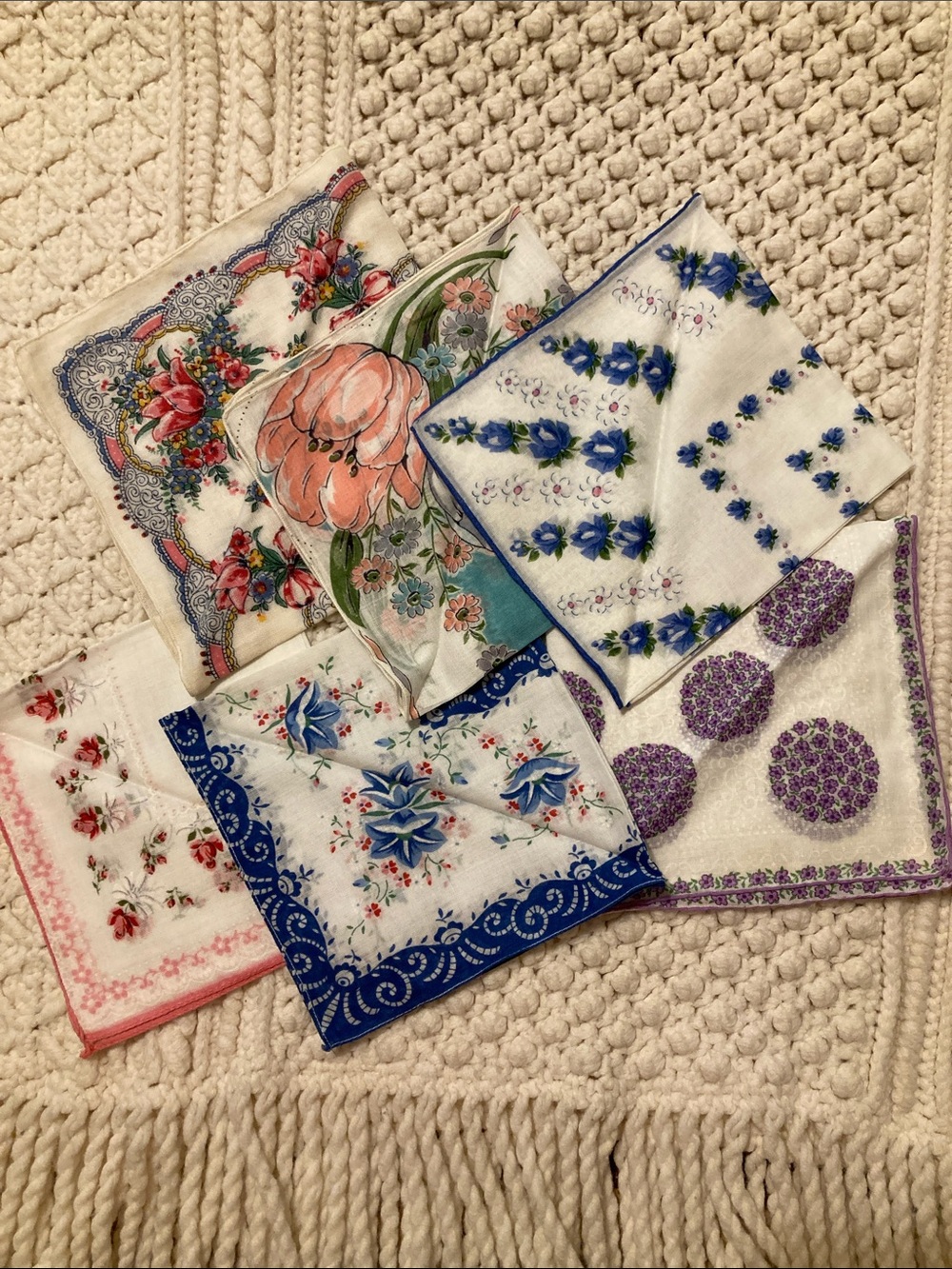 Antique Floral Cotton Handkerchiefs in Blue, Pink, Purple, Green, Cream